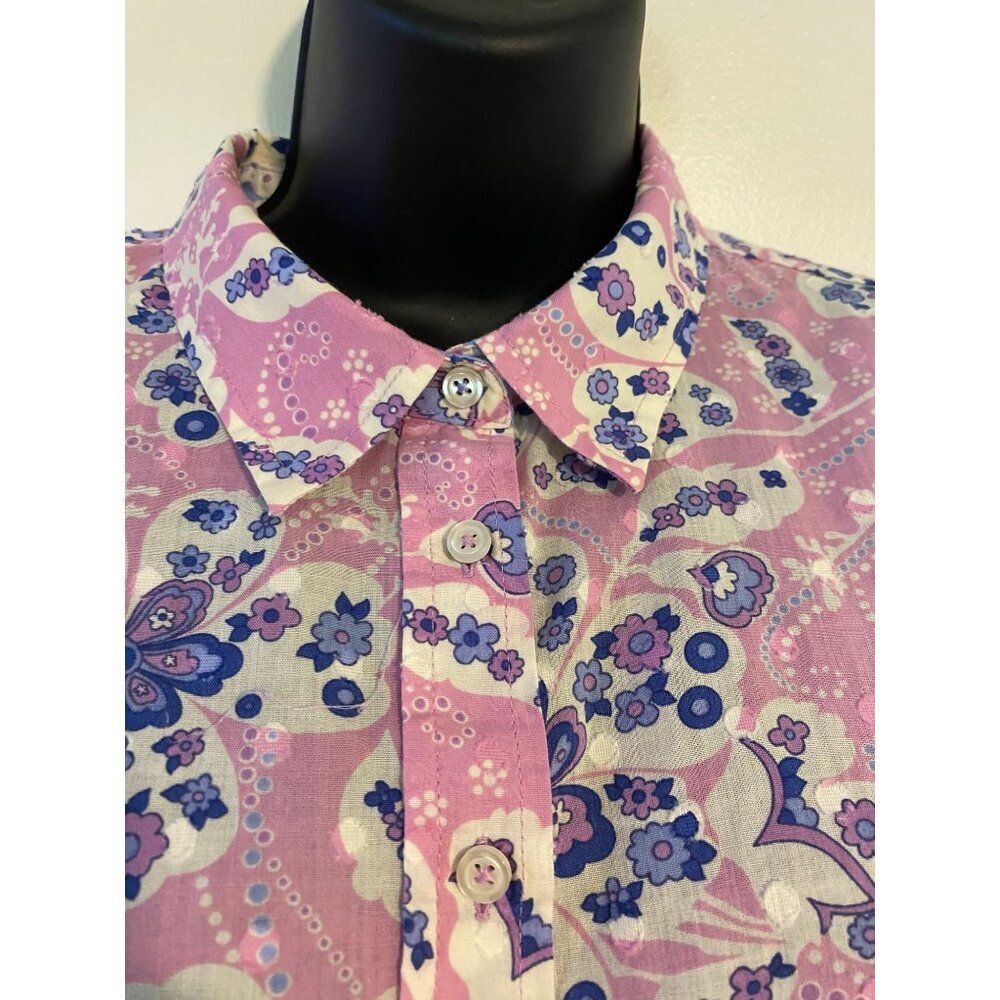 Talbots Petite XLP Pink Floral Button-Up Shirt Textured Polka Dot Boho Cottage - Picture 8 of 14